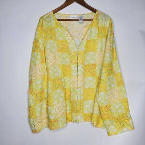 Liz Claiborne Womens 100% Linen Yellow Floral Patchwork Top Size XL Cottage Core
